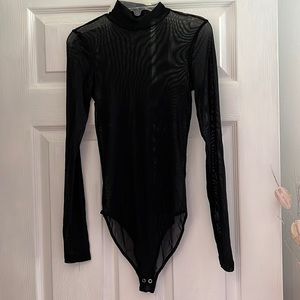 Black Mesh Turtleneck Long Sleeve Bodysuit